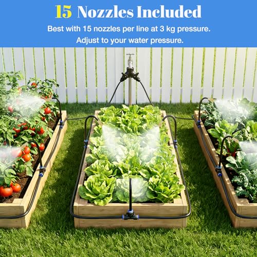 60FT Drip Irrigation Kit, 6mm Hose with Dual Outlet Splitter with Independent Valves & 15 360° Adjustable Brass Nozzles & 18 Snap-On Tees, DIY Automatic Watering for Greenhouse, Raised Beds, Garden - size: 60FT+15 Nozzles