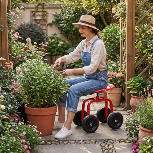 Goplus Garden Cart with Wheels, Utility Stool Cart w/Adjustable 360 Degree Swivel Seat, Outdoor Lawn Yard Rolling Work Seat, Garden Scooter for Planting (Red) - color: Red