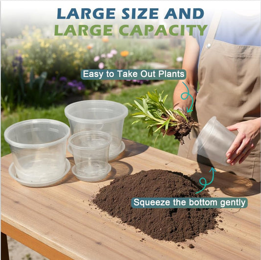 6/8/10 Inch Large Size Clear Nursery Pots with Drainage and Saucers, 9 Pack Plastic Plant Pots for Seedling Starter, Durable Plastic Pots for Indoors - size: 6810inch-9pcs