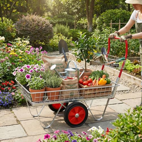 Heavy Duty Garden Utility Cart with Large Wheels 330 Lbs Capacity, Galvanized Steel Rolling Storage Trolley for Outdoor Patio Yard Lawn, Gardening Tools Transport Cart for Gardener