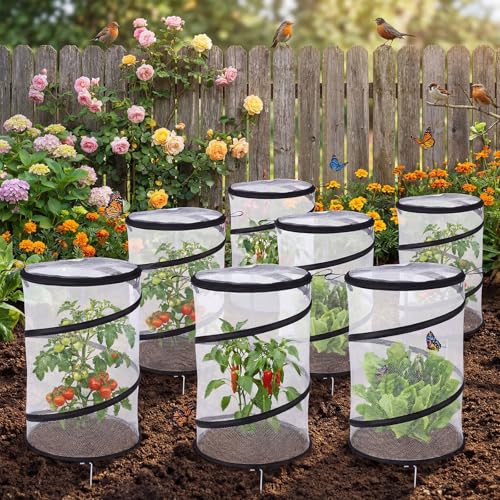 8 Pop up Mesh Plant Protectors from Animals Round Plant Netting Pest Cover Each Set with Stakes and Storage Bag for Protect Vegetable Fruit Flower from Bird Insect - style: Round