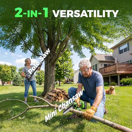 2-in-1 Cordless Pole Saw & 8-Inch Mini Chainsaw 20V 3.0Ah*2 15FT Reach Electric Tree Trimmer Battery Powered Chainsaw with Extension Pole for Tree Trimming Branch Cutting Pruning - color: Green