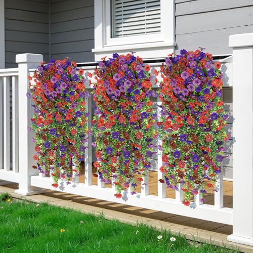 Alupssuc 4PCS Artificial Hanging Flowers UV Resistant Silk Daisy, 4 Colors - color: Red Brown Purple Deep Purple