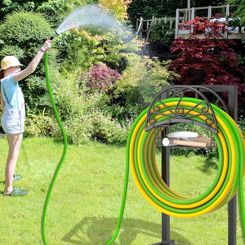 Garden Hose holder, 4-Spike Heavy Metal with Storage Basket, Swirl - style: Floral with Storage Basket