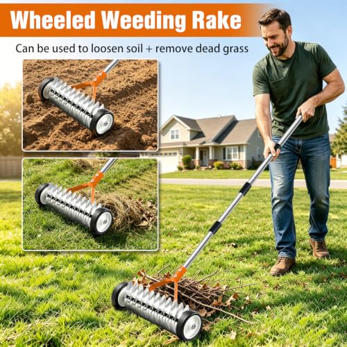 Thatch Rake with Wheels, 15.3-in Head, 21 Steel Tines, 68-in Handle(Orange)