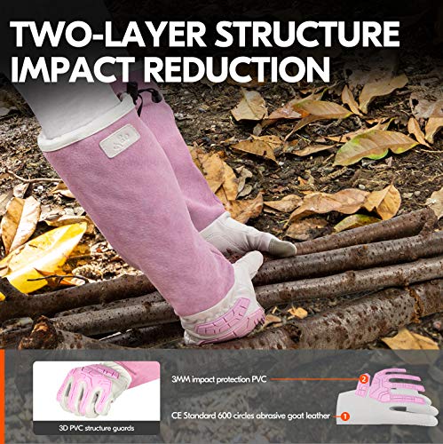Vgo... 1-Pair Premium Geniune Goat Leather Extra-long Cuff Thornproof, Anti-abrasion, Anti-Impact Gardening Gloves (Size M, White, GA9659) - color: 1 Pair - White Pink, size: Women's Medium