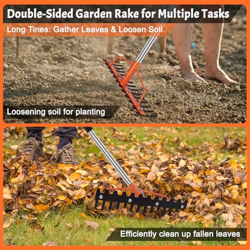Bow Rake 60-Inch Adjustable Handle Metal Rake 14 Steel Tines Dual-Sided Garden Rake for Soil Loosening Leveling Leaves Gathering Thatch Removal Gravel Rock Landscape Yard Care