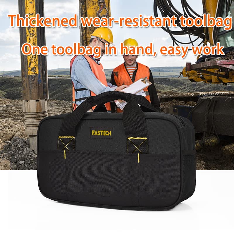 FASTECH Heavy Duty Tool Bag 14-Inch, Wide Mouth Tool Tote Bag, Waterproof Tool Organizer Bag, Electricians Repairman Tools Tote Bag (Black) - size: Black