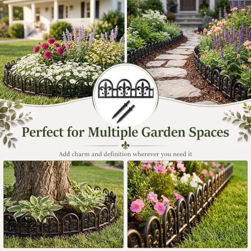 SiliFine Black Garden Border Plastic Edging - 26ft Kit of 20 Pack Decorative Landscape Fence Panels, Interlocking Wrought Iron Style Yard Lawn Edge Barrier for Flower Bed and Pathway
