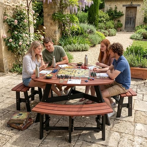 Wood Picnic Table with Benches &Umbrella Hole Elegant Triangle Outdoor Picnic Table for 3-6 People Reddish-Brown Tabletop and Black Legs for Backyard, Porch, Patio, Deck - size: 69inch