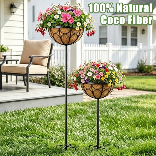 4 Pack 12 Inch Hanging Plant Baskets with Adjustable Stands, 22 - 46 Inch Adjustable Height Metal Flower Pots with Natural Coco Liners, Heavy Duty Wire Planters for Lawns, Patios and Wedding Decor