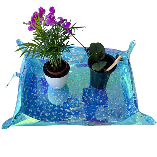 Kasepie Plant Repotting Mat, PVC, Foldable and Waterproof, Holographic Blue with Snowflake Design, 19 x 27 Inch (Blue+Butterfly) - color: Blue+butterfly