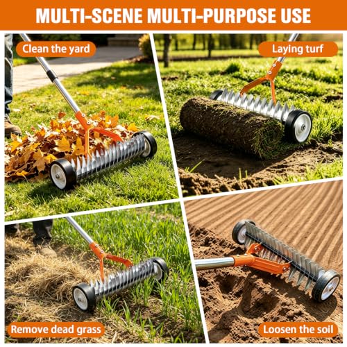 Thatch Rake with Wheels, 15.3-in Head, 21 Steel Tines, 68-in Handle(Orange)