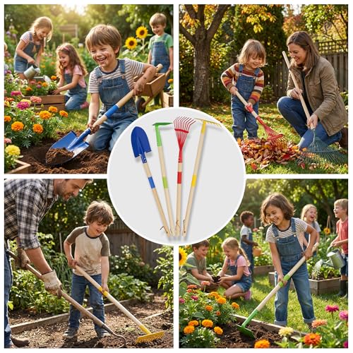 4-Piece Garden Tool Set with Shovel, Rake, Hoe, Leaf Rake - 2 Pairs of Gloves & 2 Storage Bags, Wooden Gardening Tools for Yard & Lawn Care