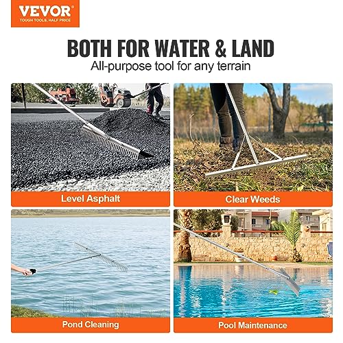 VEVOR Landscape Rake, 36" Head Aluminum Lake Weed Rake with 75" Long Handle for Loosening Soil, Lawn Care, Weeding Lake, Garden, Silver - size: 75 inch