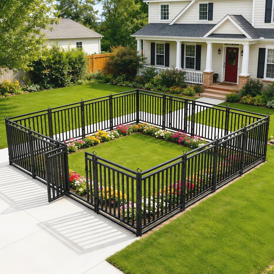18ft (L) × 47in (H), 7 Panels & 1 Gate Garden Fence, Durable Outdoor Yard Barrier, Secure Garden Fencing, Weather-Resistant Fence for Privacy & Decoration, Black-Silver - size: 47in(H)x18ft(L)