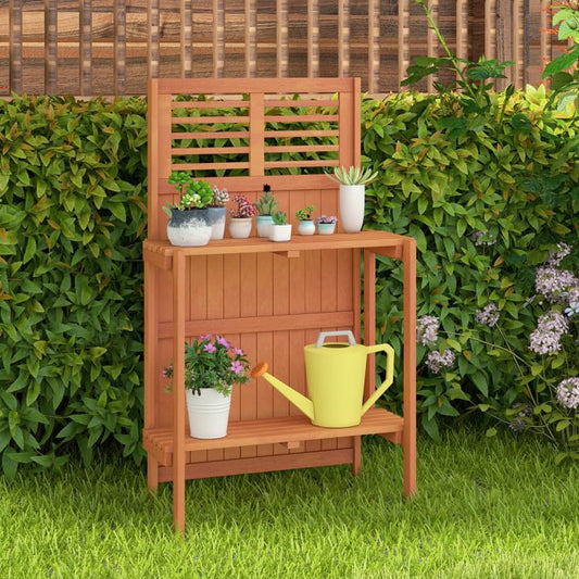 25x13.5x44in Foldable Potting Bench 2-Tier Shelves Teak Oil Wood for Garden Balcony Yard