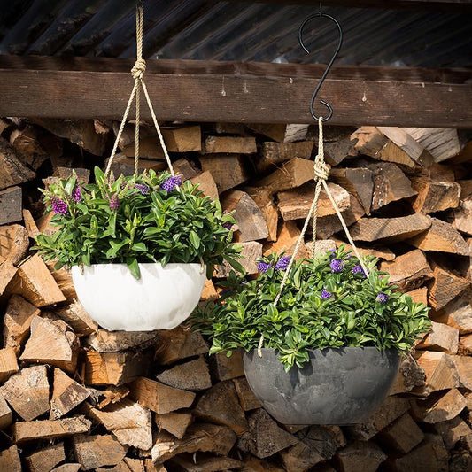 Root & Vessel Self Watering Hanging Planter for Indoor or Outdoor Plants, Unique Marbled Hanging Basket Made of Eco-Friendly Blend of Stone & Plastic, White, 12" - color: White, size: 12"