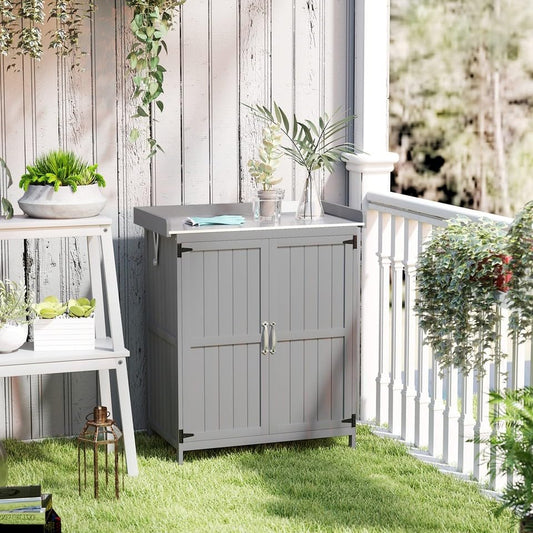 Outdoor Storage Cabinet, Garden Tool Shed with Stainless Steel Tabletop and Shelf, Wooden Potting Bench with Double Doors, Gray