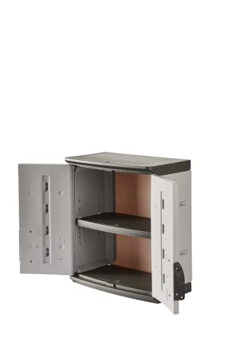 Rubbermaid Wall Mounted Storage Cabinet with Doors 150-Pound Capacity Gray Lockable Three-Shelf Cubbard for Tools/Car Accessories/Cleaning in Home/Garage/Outdoor Areas - size: Small