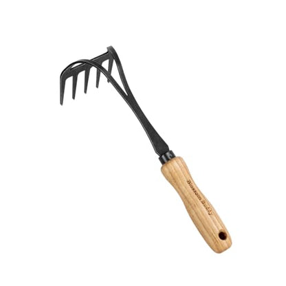 Stainless Steel Hand Rake with Wooden Handle, Garden Cultivator Tool for Soil Tilling and Weeding