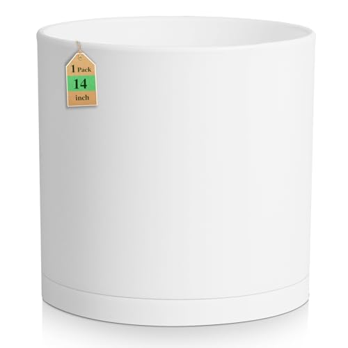 WSMKSZ 14 Inch Heavy-Duty Cylinder Deep Planter for Indoor Outdoor Plants, Tall Large Plastic Plant Pot with Drainage Holes and Saucer, Decorative Flower Pot for Patio Garden, White - color: White, size: 14 Inch Deep