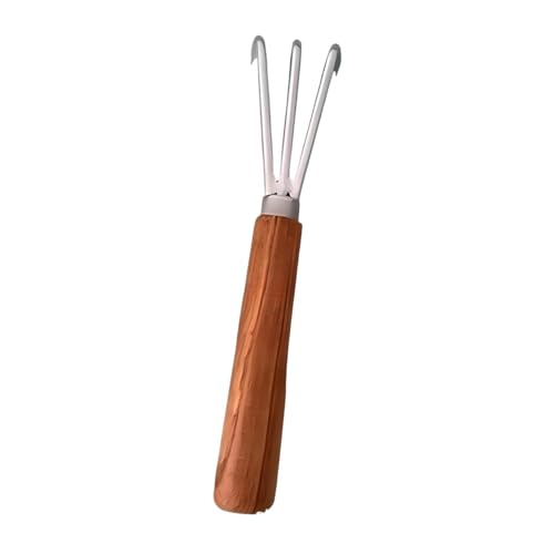 3-Prong Hand Rake Cultivator, Metal and Wood Hand Tiller for Weeding, Digging and Loosening Soil, Dark Brown