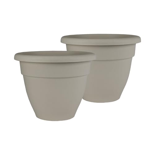 The HC Companies 12 Inch Caribbean Planter Pots w/Drainage & Plug, Rolled Rim Plastic Planters for Indoor Outdoor Plants, 2-Pack Decorative Flower Pots for Garden, Office & Home Decor, Cottage Stone - color: Cottage Stone, size: 12", style: Pack of 2