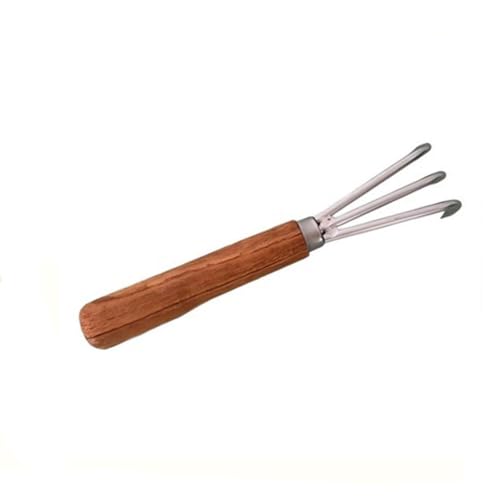 3-Prong Hand Rake Cultivator, Metal and Wood Hand Tiller for Weeding, Digging and Loosening Soil, Dark Brown