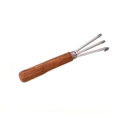 3-Prong Hand Rake Cultivator, Metal and Wood Hand Tiller for Weeding, Digging and Loosening Soil, Dark Brown