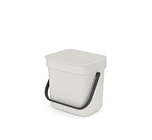 Brabantia Sort & Go Kitchen Countertop Food Scraps Compost Bin | XS / 0.8 Gal / 3L | Light Gray | Removable Stay-Open Lid, Carry Handle, Easy-Clean Recycling Box | Wall Bracket Sold Separately - color: Light Gray, size: 1x 0.8 Gal / 3L