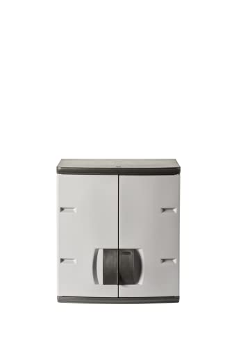 Rubbermaid Wall Mounted Storage Cabinet with Doors 150-Pound Capacity Gray Lockable Three-Shelf Cubbard for Tools/Car Accessories/Cleaning in Home/Garage/Outdoor Areas - size: Small