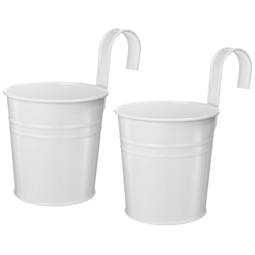 PATIKIL 4 Inch Hanging Flower Pots, 2Pcs Metal Iron Hanging Planters Flower Holder with Detachable Hook for Outdoor Indoor Garden Railing Fence Balcony, White - color: White