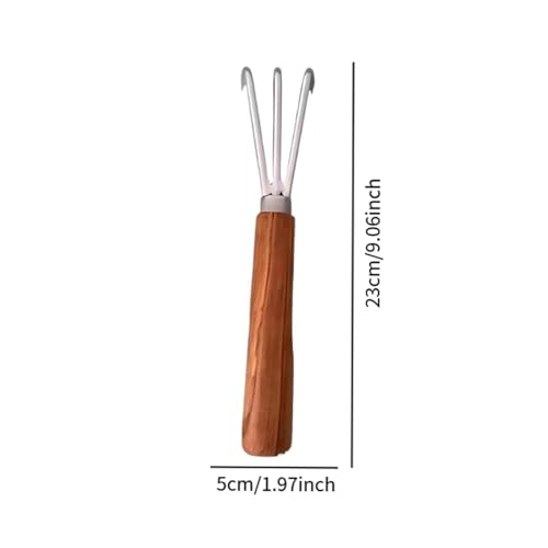 3-Prong Hand Rake Cultivator, Metal and Wood Hand Tiller for Weeding, Digging and Loosening Soil, Dark Brown