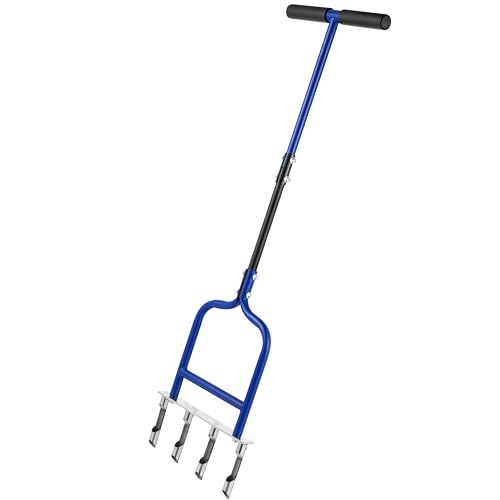 Spike Tine Fork Lawn Aerator – 4 Stainless Steel Cut Pipe Spikes Manual Gardening Hand Tool - Grass Dethatcher Aerator Lawn Tool with Solid Tines for Compacted Soil - Lawn Plugger Aerator.