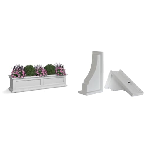 Mayne Fairfield 4ft White Durable Self Watering Window Box Planter with Wall Mount Brackets (5823-W) Bundle with Decorative Brackets, White, 2 Count
