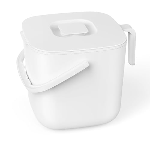 5.4L Kitchen Food Waste Bin with Lid & Handles, Indoor Compost Bucket Includes Inner Bucket Liner, White - color: White