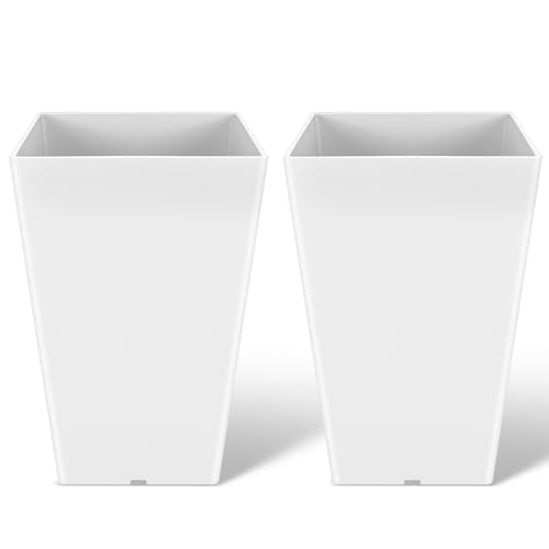 Briwooody Set of 2 15.75 Inch Large Taper Planters Outdoor Indoor Tall Resin Flower Pots with Drainage Holes Modern for Front Door Patio Backyard Plants(White) - color: White