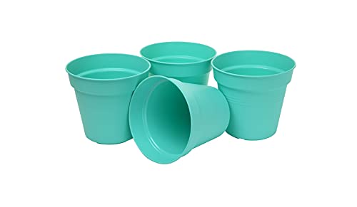 Mintra Garden Pots, 4 Pack Bulk Plastic Plant Pots with Drainage Tray, Round Indoor & Outdoor Decorative Planters with Drain Holes for Flowers, Herbs & Plants, 13cm Diameter – Teal, 5 in - color: Teal, size: 13cm Diameter (5in)