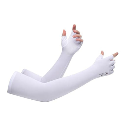 Inf-way Sun UV Protection Arm Sleeves for Men Women Driving Cycling Sports Cooling Long Sleeves with Thumb Holes - color: White