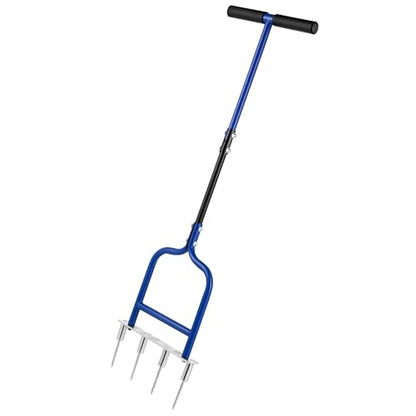 Spike Tine Fork Lawn Aerator - Four 5.2'' Stainless Steel Spikes Manual Gardening Hand Tool - Grass Dethatcher Aerator Lawn Tool with Solid Tines for Compacted Soil - Lawn Plugger Aerator.