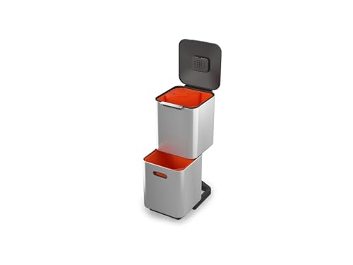 Joseph Joseph Totem Compact 10.5 Gallon/40 Litre Waste Separation and Recycling Kitchen Bin with Odour Filter and Removable Food Waste Caddy, Stainless Steel - color: Stainless Steel, size: 40L