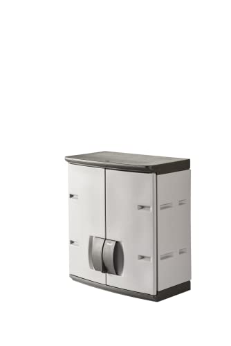 Rubbermaid Wall Mounted Storage Cabinet with Doors 150-Pound Capacity Gray Lockable Three-Shelf Cubbard for Tools/Car Accessories/Cleaning in Home/Garage/Outdoor Areas - size: Small
