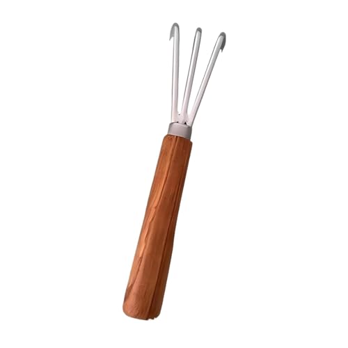 3-Prong Hand Rake Cultivator, Metal and Wood Hand Tiller for Weeding, Digging and Loosening Soil, Dark Brown