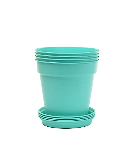 Mintra Garden Pots, 4 Pack Bulk Plastic Plant Pots with Drainage Tray, Round Indoor & Outdoor Decorative Planters with Drain Holes for Flowers, Herbs & Plants, 13cm Diameter – Teal, 5 in - color: Teal, size: 13cm Diameter (5in)