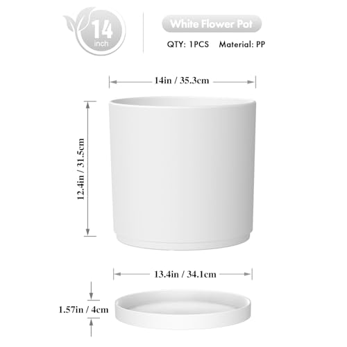 WSMKSZ 14 Inch Heavy-Duty Cylinder Deep Planter for Indoor Outdoor Plants, Tall Large Plastic Plant Pot with Drainage Holes and Saucer, Decorative Flower Pot for Patio Garden, White - color: White, size: 14 Inch Deep