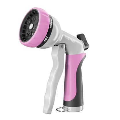 RESTMO Garden Hose Nozzle, Heavy Duty Metal Water Hose Nozzle with 7 Adjustable Spray Patterns, High Pressure Hand Sprayer with Flow Control, Best for Watering Plant & Lawn, Washing Car & Pet, Pink - color: Pink