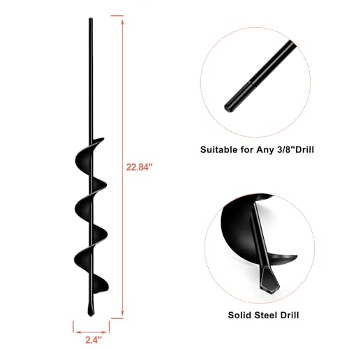 LONGRUN Auger Drill Bit for Planting, Garden Spiral Hole Drill for 3/8” Hex Drive Augers, Solid Shaft Hole Digger Easy Rapid Planter for Planting Trees, Bulbs, Seedlings-2.4"x22.84" - color: Black, size: 2.4 Inch