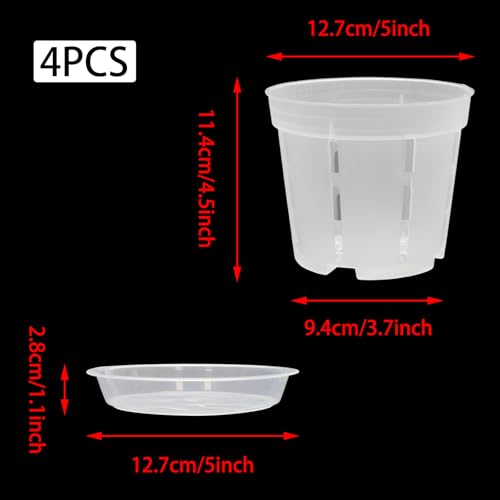 Orchid Pot with Saucers-Drainage Holes, 4 Pack 5 Inch Clear Plastic Breathable Slotted Pots for Repotting-Root Control Planter-Plastic Plant Pot for Butterfly Orchid, Hydroponics, Indoor & Outdoor - size: 5” with Saucers 4Pcs