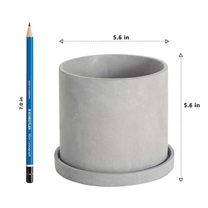 Ekirlin 6 Inch Indoor Plant Pot, Natural Cement Grey Garden Planters, Outdoor Concrete Flower Plant Pots with Drain Hole Saucer Tray, Modern Succulents Containers for Home Decor,Office and Most Plants - size: 5.6 inch